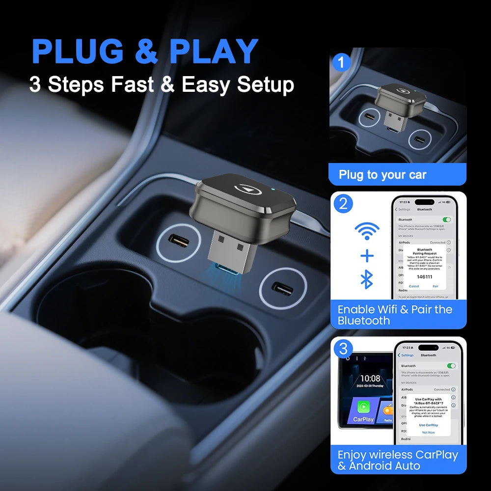 Wireless 2IN1 CarPlay Android Auto Wireless Supermini Box Adapter Plug And Play Dongle Bluetooth WiFi Fast Connect