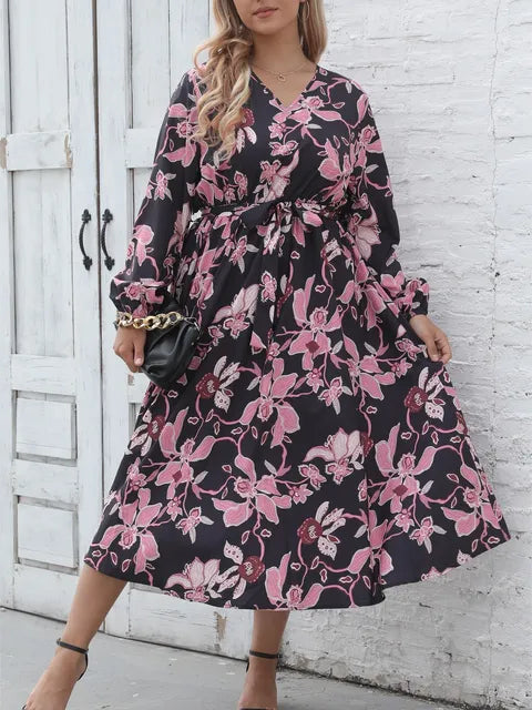 Women's long-sleeved printed dress, waist strap, elegant style, soft fashion, feminine temperament, new, autumn and winter, plus size, 0XL, 4XL 