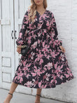 Women's long-sleeved printed dress, waist strap, elegant style, soft fashion, feminine temperament, new, autumn and winter, plus size, 0XL, 4XL 