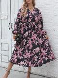 Women's long-sleeved printed dress, waist strap, elegant style, soft fashion, feminine temperament, new, autumn and winter, plus size, 0XL, 4XL 