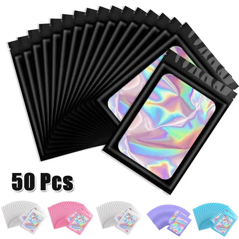 Bolsa de Embalagem Holográfica com Janela Clara para Alimentos, Translúcido, Cheiro à Prova, Mylar, Resealable, Odor Prova, 50Pcs