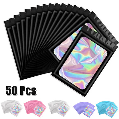 Bolsa de Embalagem Holográfica com Janela Clara para Alimentos, Translúcido, Cheiro à Prova, Mylar, Resealable, Odor Prova, 50Pcs