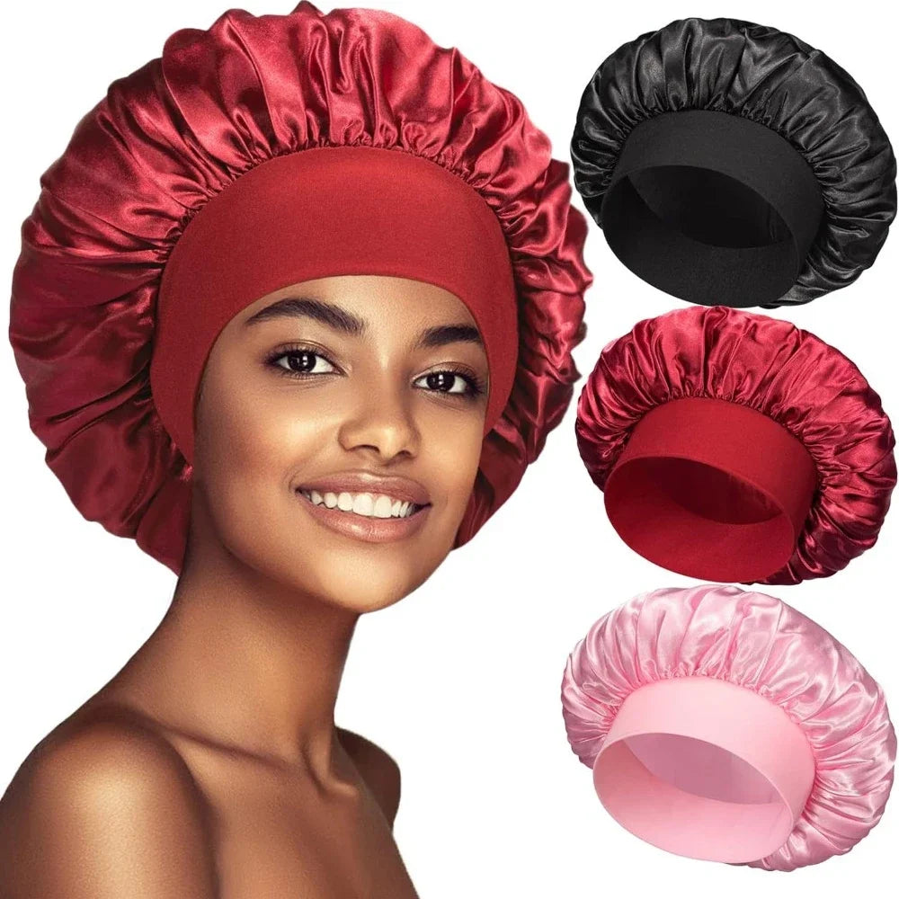 Mulheres cetim abas largas chapéu de dormir, unissex cabeça envoltório, faixa elástica boné, cuidados com os cabelos gorro, noite chapéu, sólido, novo