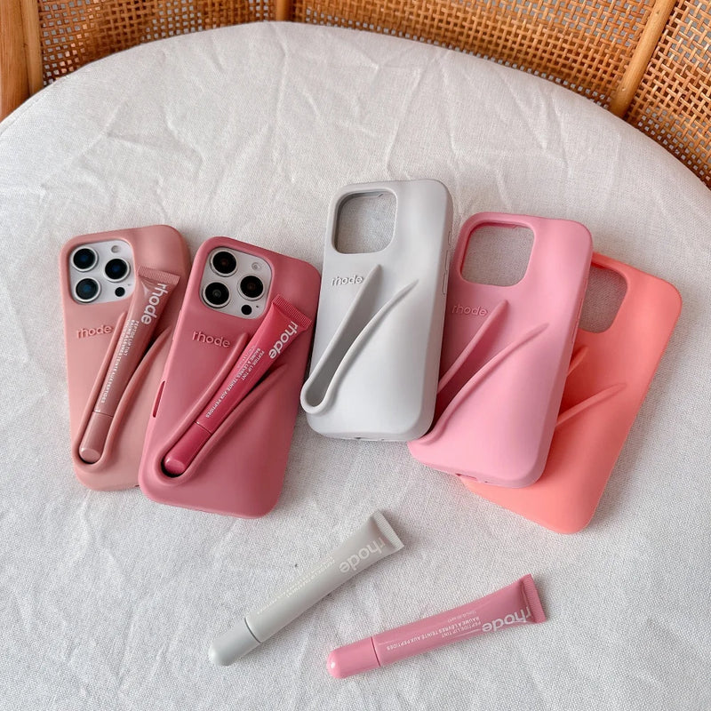 Rhode Case For iPhone 12 13 14 15 16 Pro Max Plus 17 Air Portable Lip Gloss Holder Lipstick Silicone Soft Bumper Cover Lip Glaze