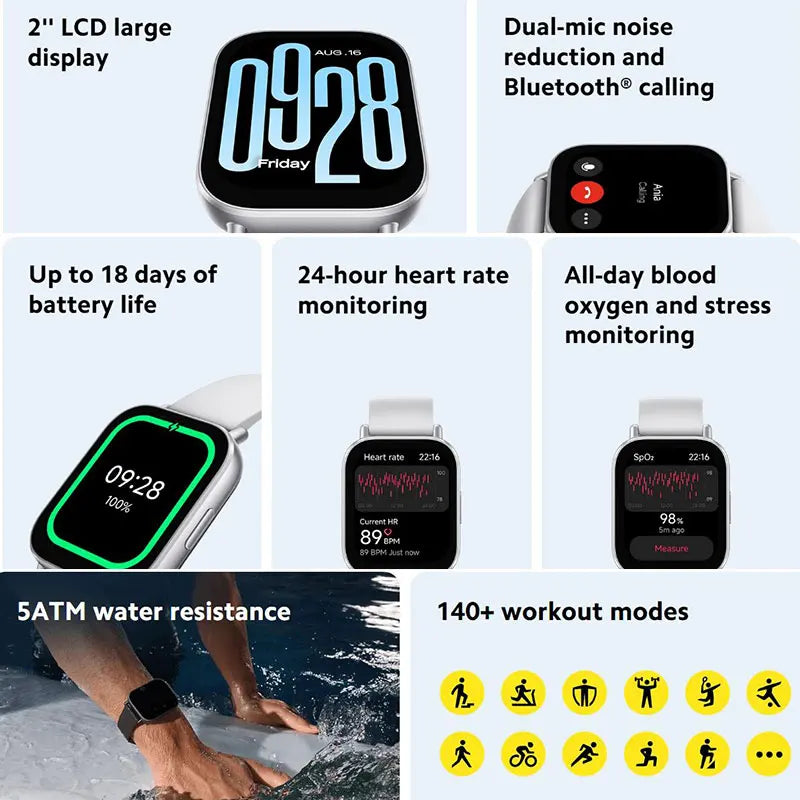NEW Xiaomi Redmi Watch 5 Active Smart Watch, 2" LCD Display All Day Heart Rate Blood Oxygen Monitoring Bluetooth Call Smartwatch