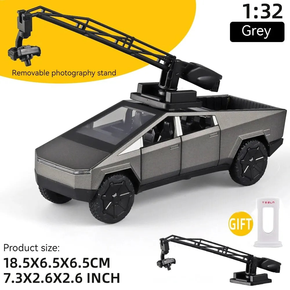 Camiones de juguete para niños, modelo Cybertruck, camioneta plateada, de metal fundido a presión, con sonido y luz, a partir de 3 años, escala 1:32.