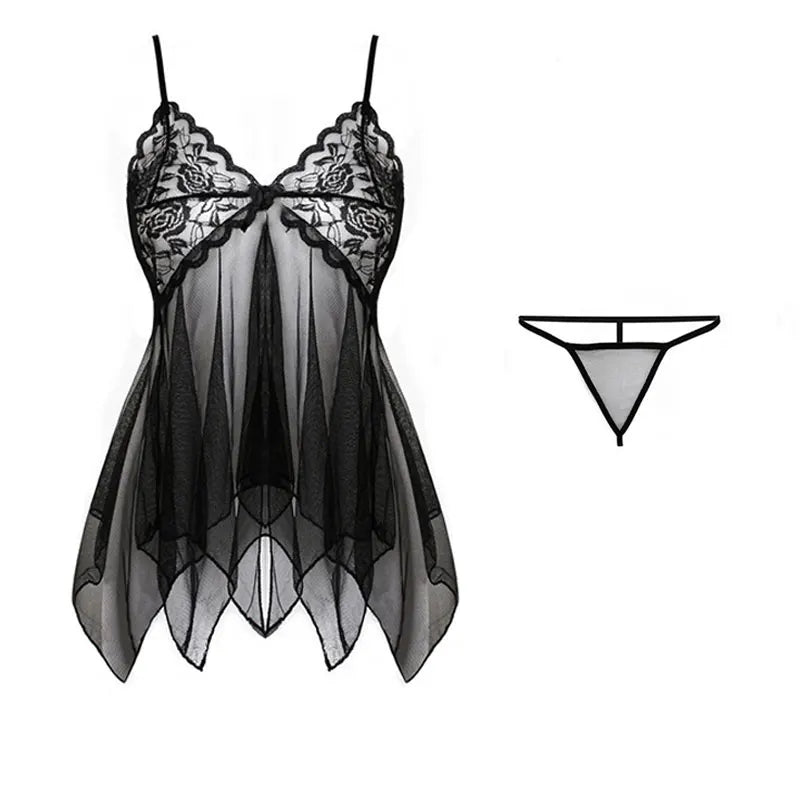 Exquisitas lencerías de tul con escote en V y encaje para mujer, conjunto de tanga semitransparente, camisones de lencería para mujer