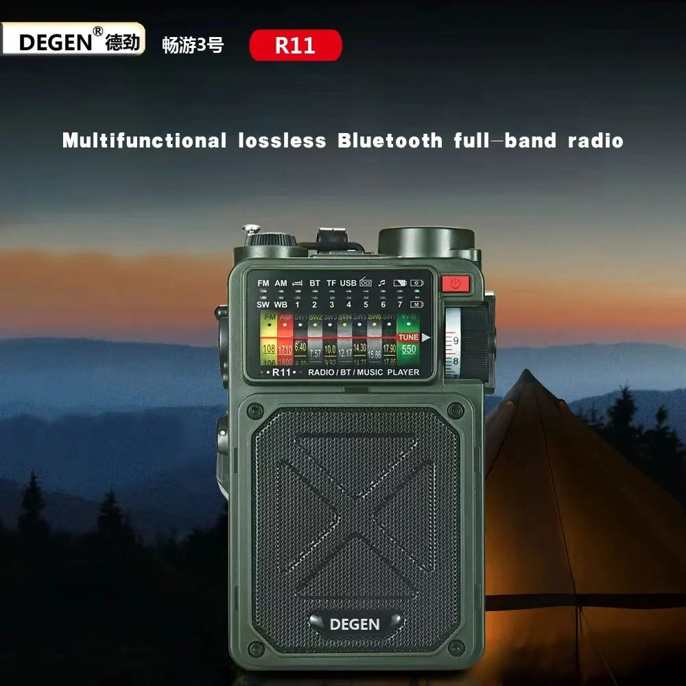 Radio solar de banda completa Degen R11, portátil, multifunción, de emergencia, para exteriores, con Bluetooth, tarjeta TF, reproducción USB