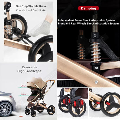 Luxurious 3-in-1 Portable Travel Baby Stroller High Landscape Aluminum Frame Foldable Pram Newborn Infant Four-Wheel Carriage