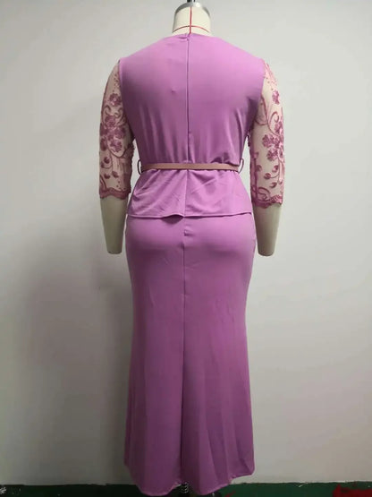4XL 5XL Plus Size 2025 Christmas Dresses Women O Neck 3/4 Sleeve Long Maxi Dress Fashion Lace Patchwork Night Party Dress
