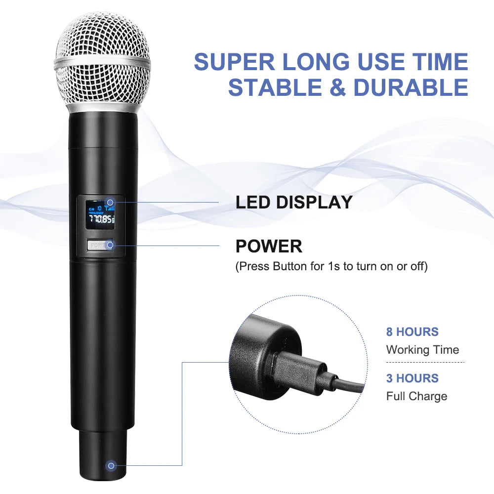 UHF Wireless Dual Handheld Dynamic Microphone Karaoke Microphone with Rechargeable Receiver for Wedding Party Speech Church Club