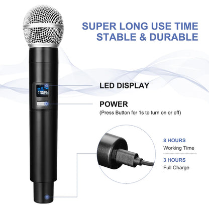 UHF Wireless Dual Handheld Dynamic Microphone Karaoke Microphone with Rechargeable Receiver for Wedding Party Speech Church Club