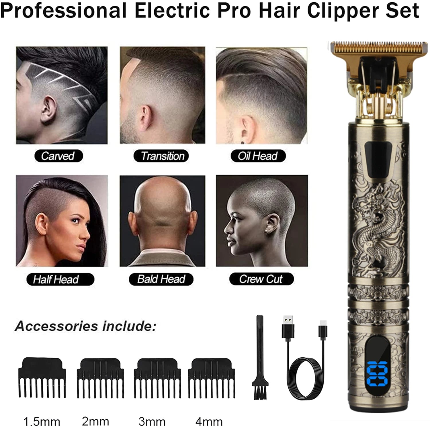T9 LCD Electric Hair Trimmer Oil Shaving Head Electric Clipper Engraving Electric Clipper Hair Precision Trimmer for Men Care