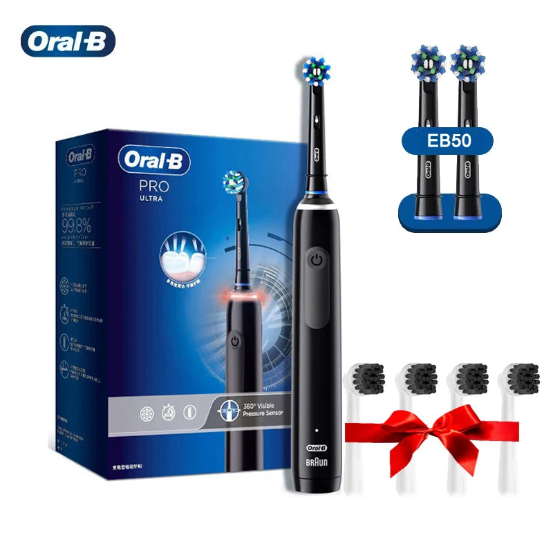 Cepillo de dientes eléctrico Oral B Pro 4 Ultra con rotación 3D, recargable, sensor de presión, 4 modos de cepillado y temporizador de 2 minutos.