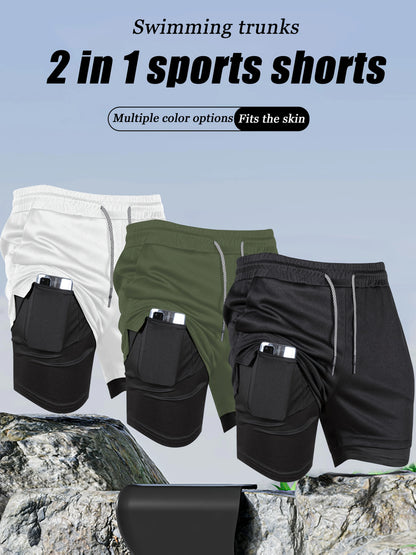 Men's 2-in-1 Fitness Training Sports Running Shorts Double Layer with Pocket Quick Dry Breathable Adjustable Drawstring Belt