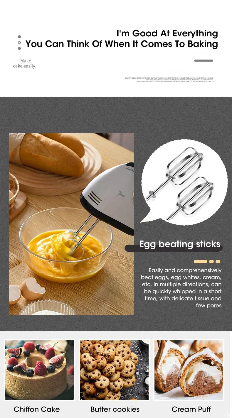 Household Electric Mixer Handheld Kitchen Food Mixer Multifunctional Adjustable 7-speed Egg Cream Dough Bread Mixer Grinder