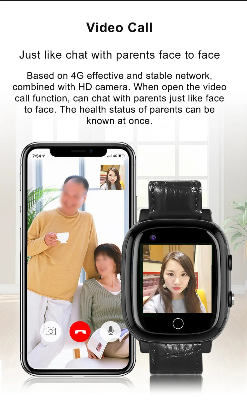 Smart Watch for Elderly Fall Detection GPS Positioning 4G SIM Card SOS Phone Call Heart Rate T