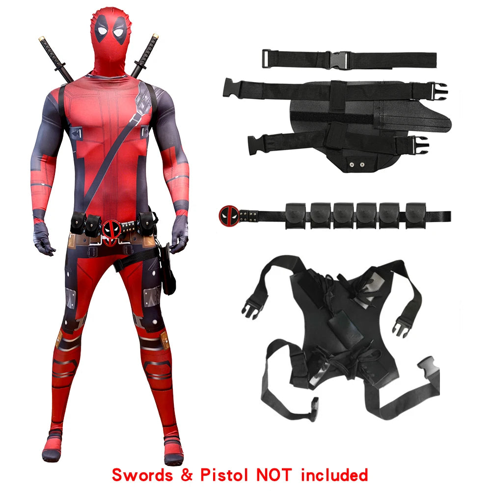 MARVEL Deadpool Cosplay Costumes Kids Adult Superhero Bodysuit Jumpsuit with Mask Rich Accessories Party Clothes Outfits