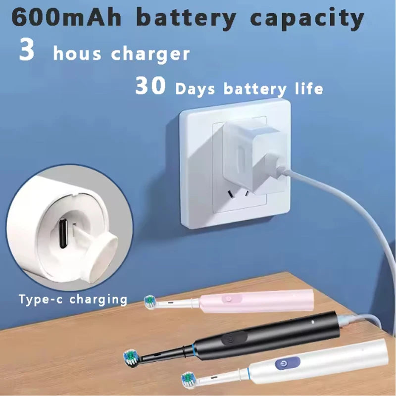 Round Rotating Electric Toothbrush for Adults, Soft Bristles, 5 Cleaning Modes, USB Rechargeable, with 4/8 Replacement Heads