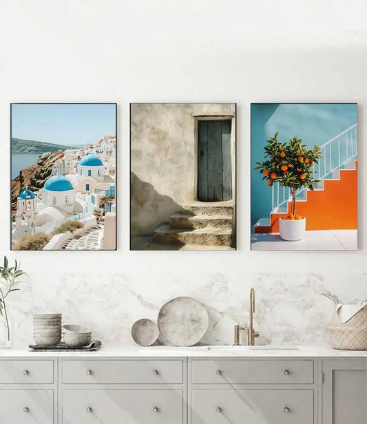 Retro Mediterranean Greece Landscape Poster Canvas Painting Wall Art Pictures Home Decoration Italian Lemon Orange Olive Tree