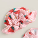 VISgogo Toddler Girl Rash Guard Swimsuit Set Summer Long Sleeve Strawberry Print Bathing Suit + Sun Hat Infant Newborn Swimwear