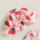 VISgogo Toddler Girl Rash Guard Swimsuit Set Summer Long Sleeve Strawberry Print Bathing Suit + Sun Hat Infant Newborn Swimwear