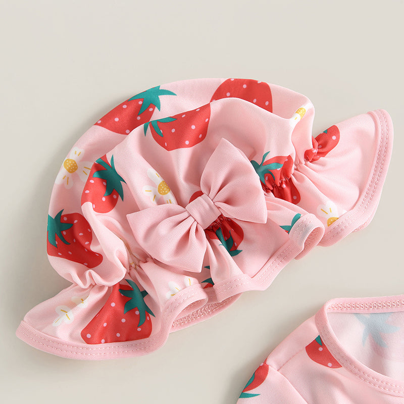 VISgogo Toddler Girl Rash Guard Swimsuit Set Summer Long Sleeve Strawberry Print Bathing Suit + Sun Hat Infant Newborn Swimwear