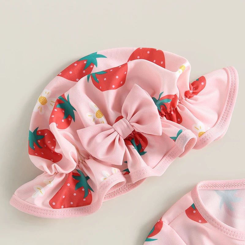 VISgogo Toddler Girl Rash Guard Swimsuit Set Summer Long Sleeve Strawberry Print Bathing Suit + Sun Hat Infant Newborn Swimwear