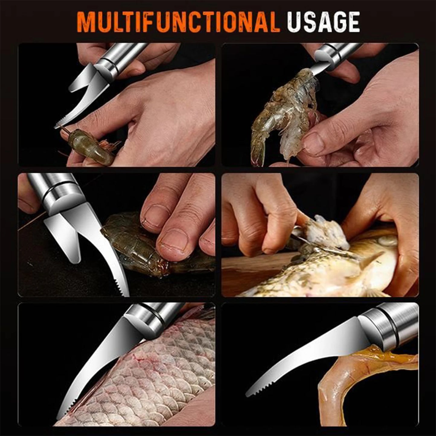 Peel camarão ferramenta 6-em-1 multi funcional de aço inoxidável descascador de camarão linha corte raspagem escavação faca de escala de peixe