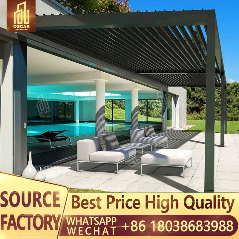 Sistema de toldo de techo de pérgola de vidrio retráctil de aluminio con apertura motorizada y cubierta eléctrica ajustable para terraza. Techo de pérgola para exteriores.