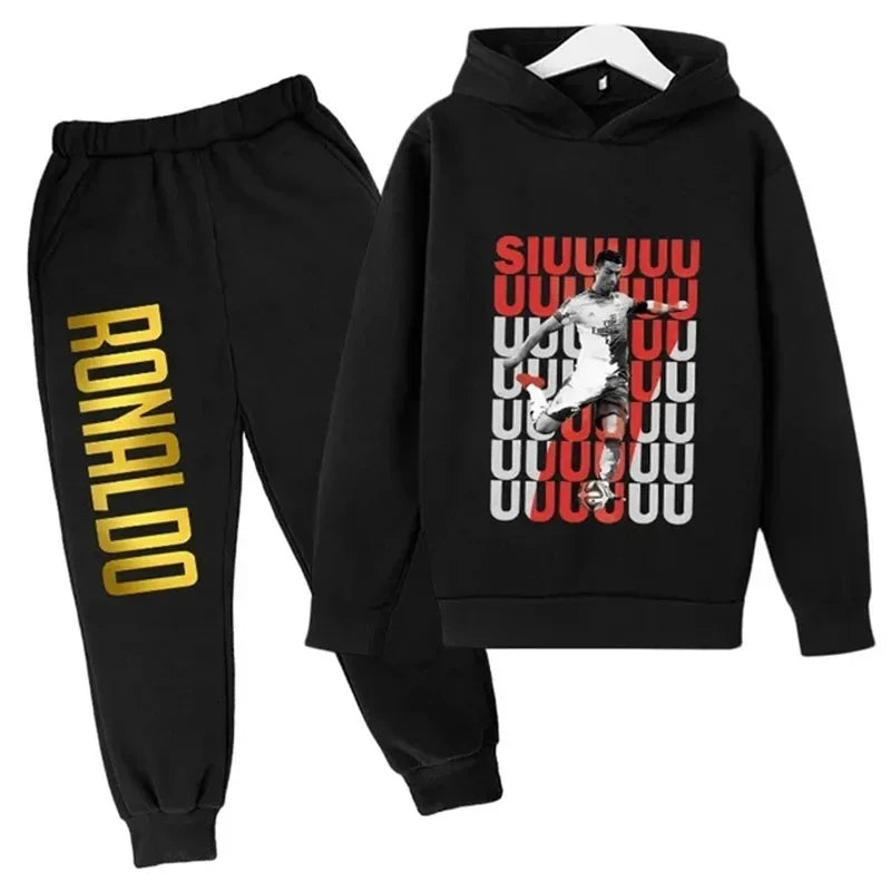 Autumn and winter Ronaldo creative printed children's hoodie set autumn and winter warm fleece hooded pants two-piece set sports