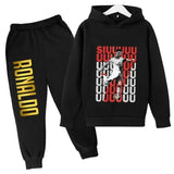 Autumn and Winter Ronaldo Creative Printed Children's Hoodie Set, Warm Fleece Hooded Pants Two-Piece Sports Set for Autumn and Winter