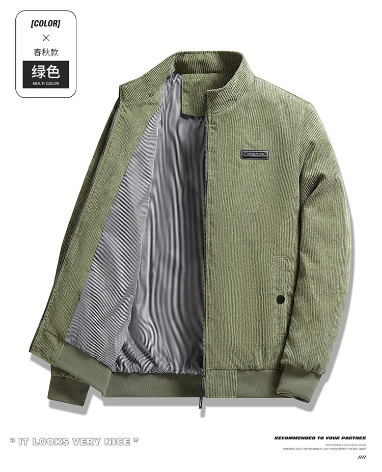 2024 Men's Casual Warm Jacket Spring Autumn Solid Color Stand Bomber Coat Men Corduroy Outwear Fashion Zipper Slim Jacket Men