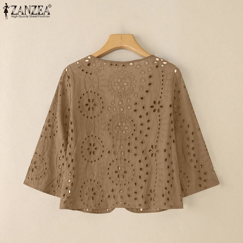 Stylish Autumn Hollow Out Cardigans ZANZEA Women Embroidered Blouse Elegant Shirts 2025 Fashion 3/4 Sleeve Kimonos Slim Fit Tops
