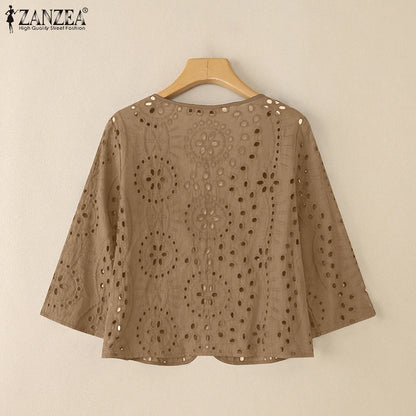 Stylish Autumn Hollow Out Cardigans ZANZEA Women Embroidered Blouse Elegant Shirts 2025 Fashion 3/4 Sleeve Kimonos Slim Fit Tops