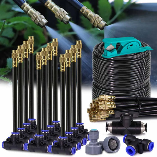 Sistema de enfriamiento por nebulización de 30-5 m, 1/4" (4/6 mm), boquilla ajustable de 360°, atomizador para riego de jardines al aire libre.