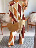 Summer British Style Women's Casual 2-Piece Abstract Print Cold Shoulder Bat Sleeve Top and Casual Wide Leg Pants Set
