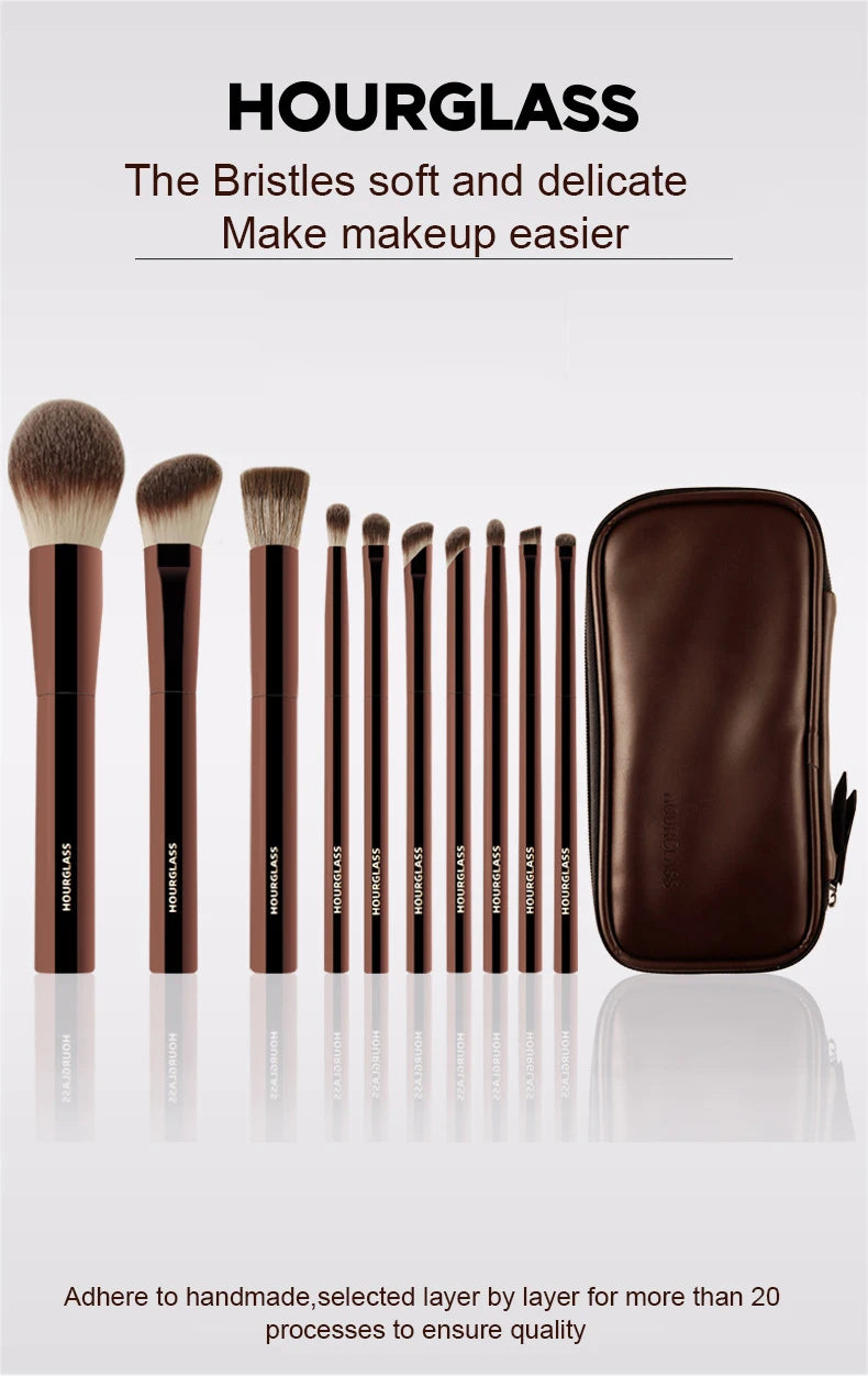 10pcs/set Hourglass Makeup brushes Powder Eyeshadow Domed Crease Make up brush Stippling Angled Shadow Brow with cosmeetic bag