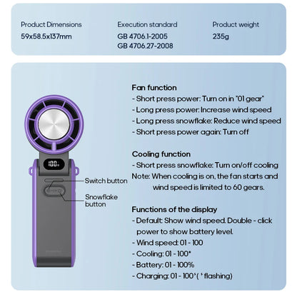 KINSCOTER Portable Air Cooling Turbo Fan 3600mAh 100 Wind Speeds Adjustable Outdoor Foldable Student Handheld Fan with Lanyard
