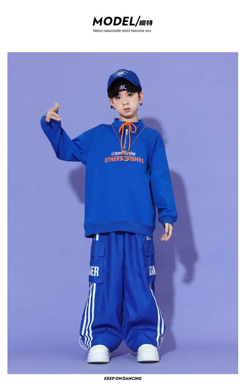 Boys Hip Hop Pullover Street Dance Cargo Pants Girls High Collar Sweatshirt Outfits Kids Jazz Sport Clothes Set Child Streetwear