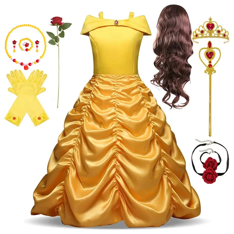 Disney Girls Cosplay Belle Princess Dress for Kids Beauty and The Beast Costumes Children Birthday Party with Flower Clothes