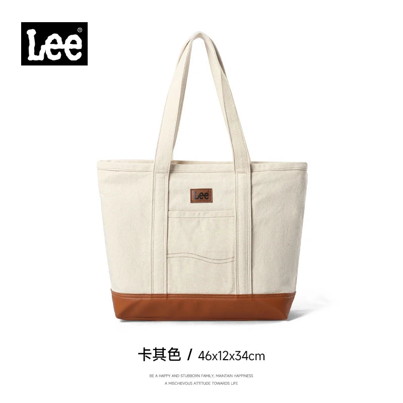 LEE Unisex Utility Canvas Leather Zipper Tote Bag Casual Denim Daily Shopping Handbag Women Men Durable Student School Book Bag