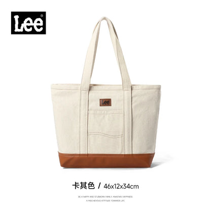 LEE Unisex Utility Canvas Leather Zipper Tote Bag Casual Denim Daily Shopping Handbag Women Man Durable Student School Book Bag