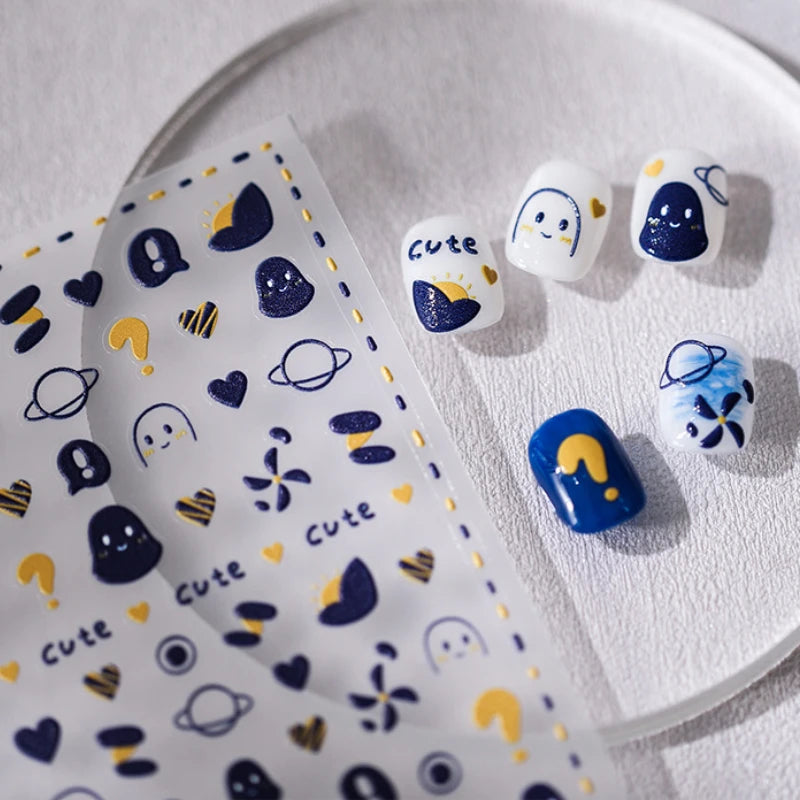 Blue Starry Night 5D Soft Embossed Relief Self Adhesive Nail Art Decoration Stickers Dressy White Stars 3D Manicure Decals Woman