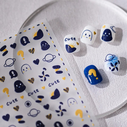 Blue Starry Night 5D Soft Embossed Relief Self Adhesive Nail Art Decoration Stickers Dressy White Stars 3D Manicure Decals Woman