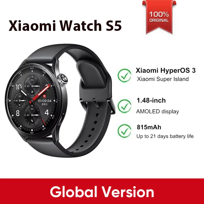 Smartwatch Xiaomi Watch S5 (Versão Global) – Tela AMOLED de 1,48", bateria com 21 dias de duração, monitoramento de saúde 24 horas e mais de 150 modos esportivos.