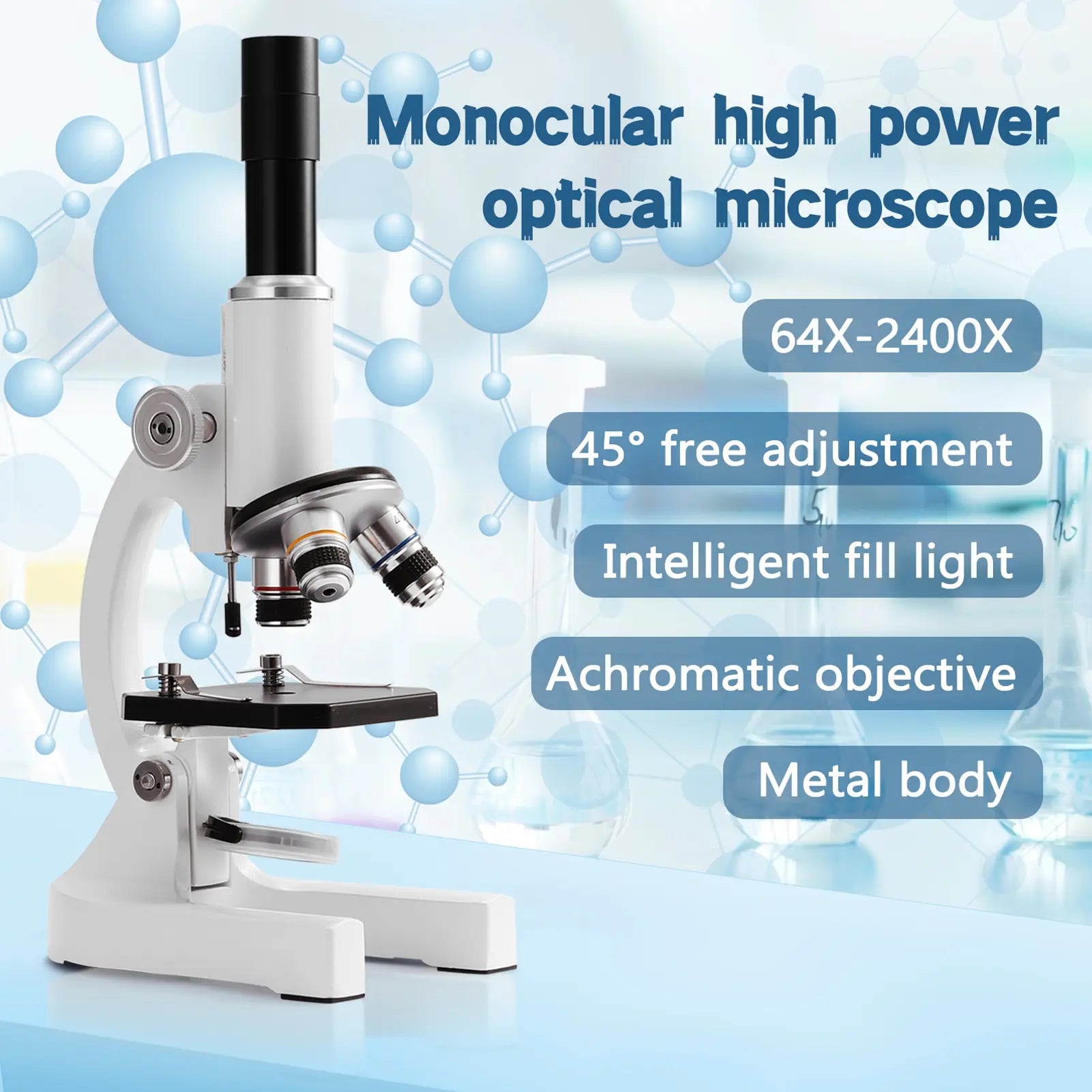 Microscopio óptico monocular 64X-2400X para niños de primaria, ciencias, biología experimental, microscopio digital