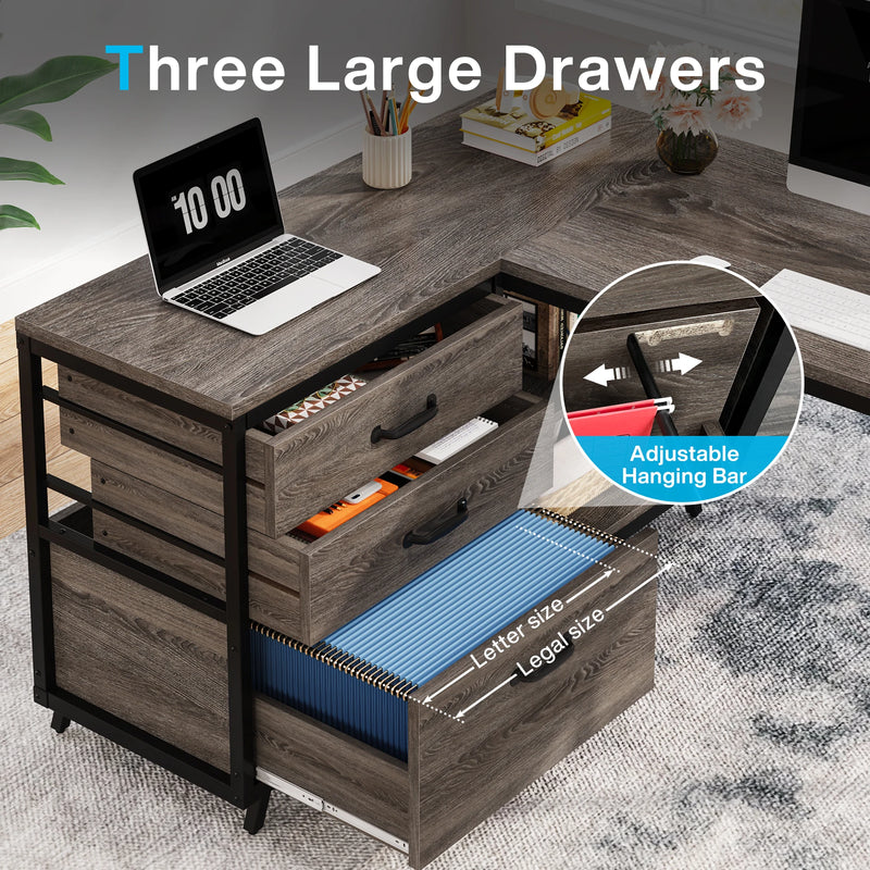 Tribesigns L-Shaped Computer Desk with 3 Drawers, Reversible Corner Home Office Desk with Shelves, 53-Inch Industrial PC Desk St