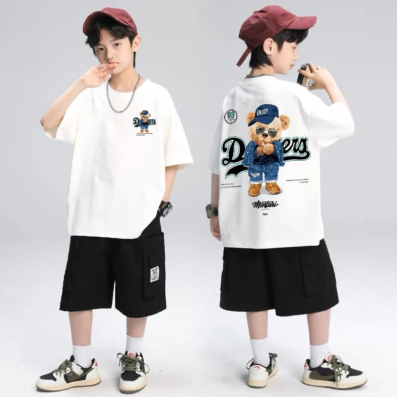 2025 Children's Clothing American Vintage Bear Print Graphic T Shirts Boys Summer Cotton Short-sleeved T-shirt Tops Streetwear