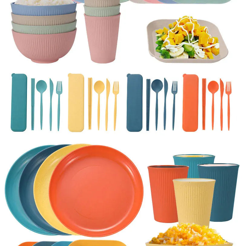 36pcs Plate Sets Wheat Straw Eco-Friendly Ramen Bowl Tableware Dinner Dishes Set Camping Tableware Set With Knife Fork Spoon